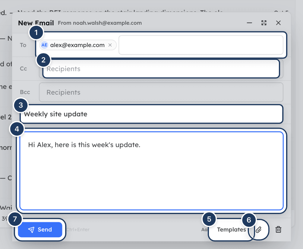 The New Email composer with recipients, subject and message