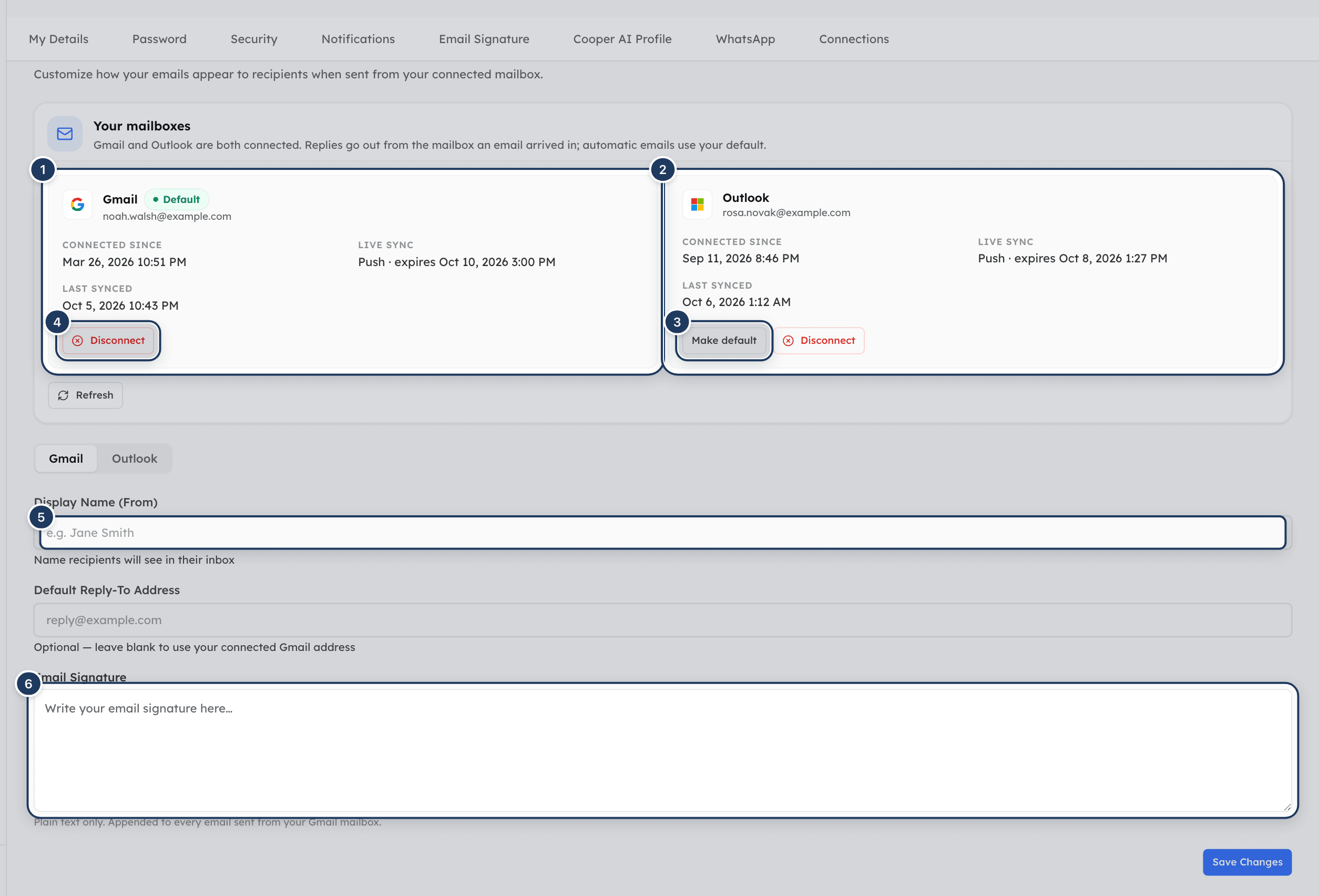 Email Signature settings with a connected Gmail card and an empty Outlook card