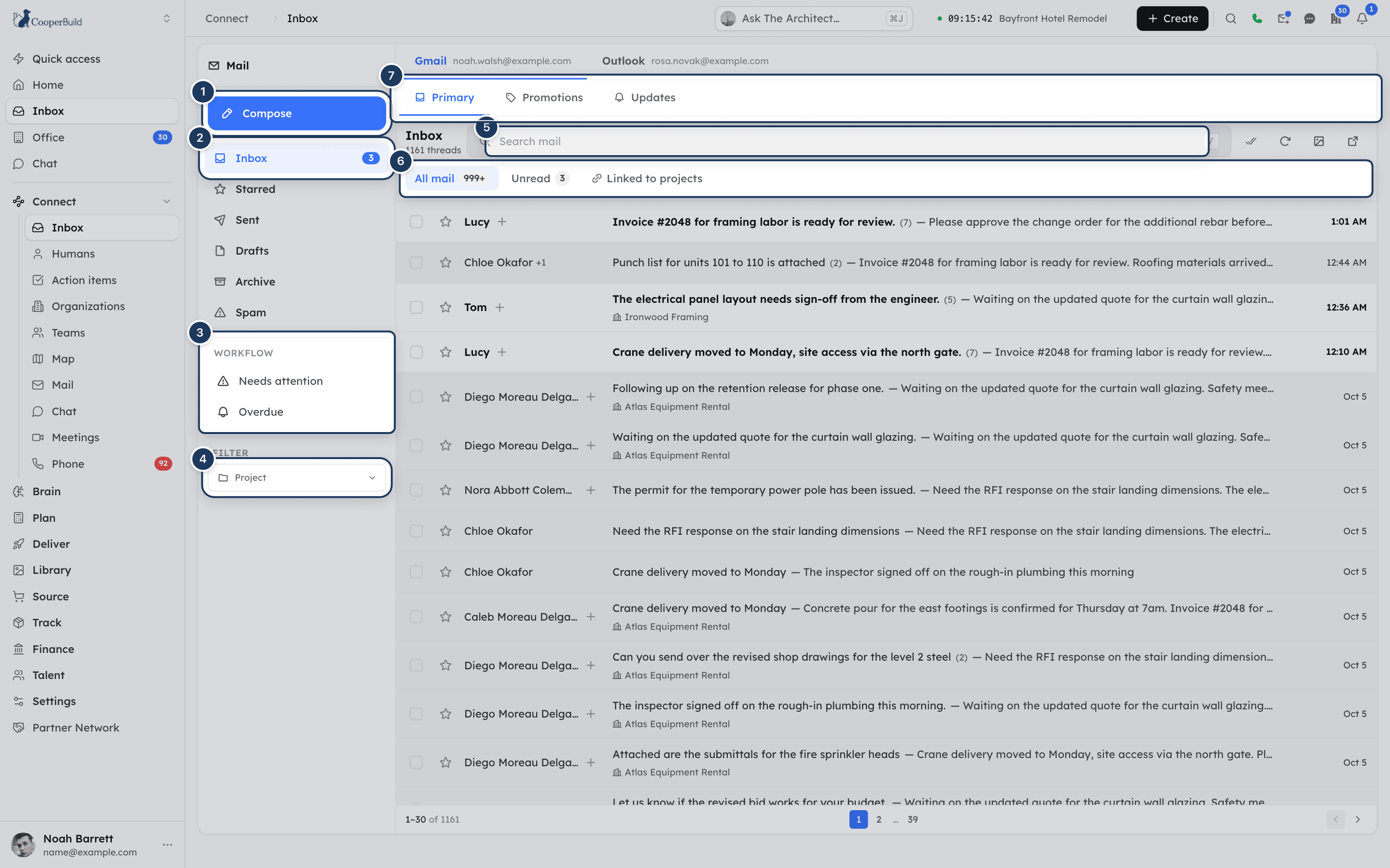 The Inbox with folders on the left and the thread list on the right