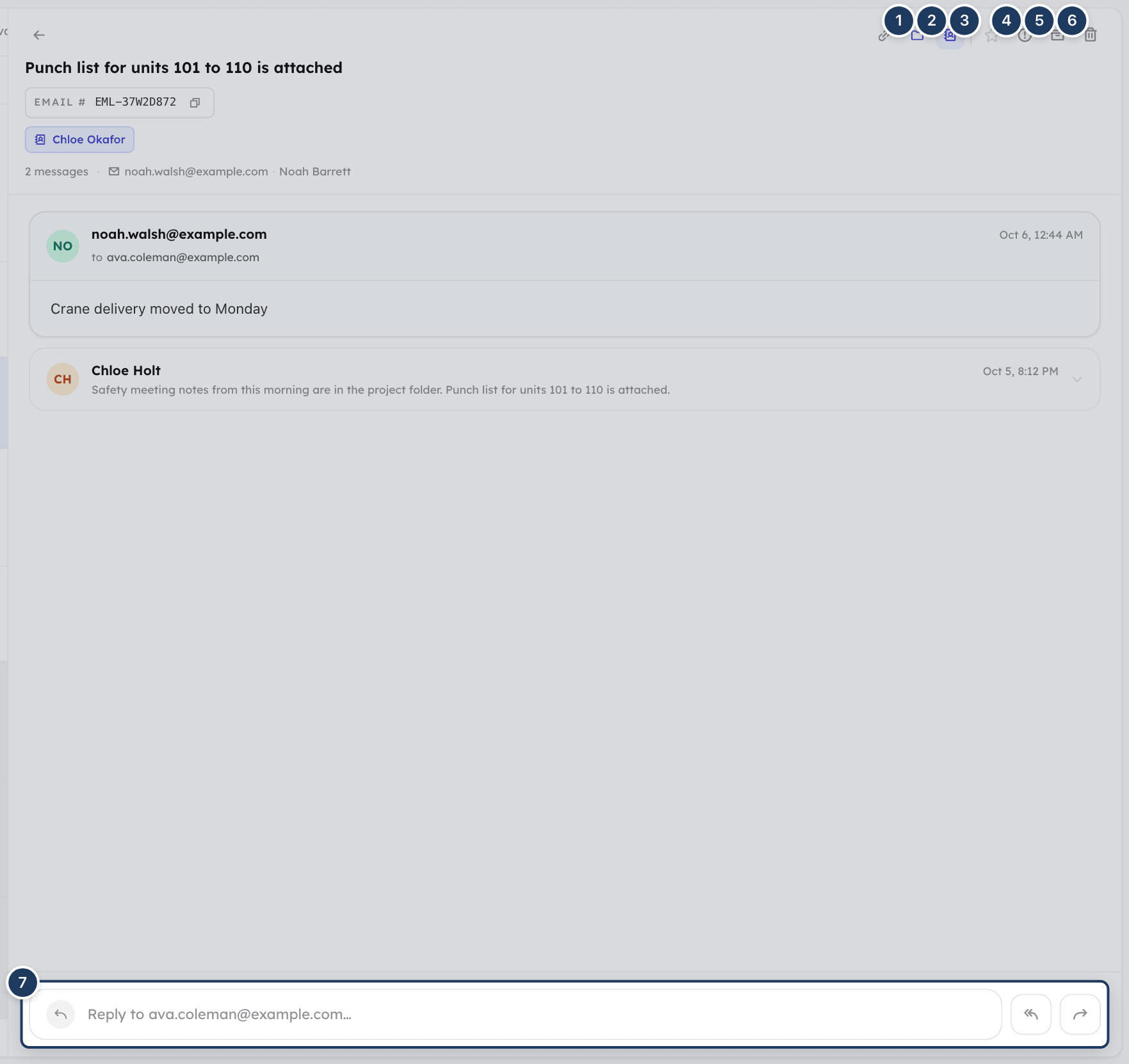 An open email thread with the toolbar of link, CRM, star, hold, archive and trash buttons