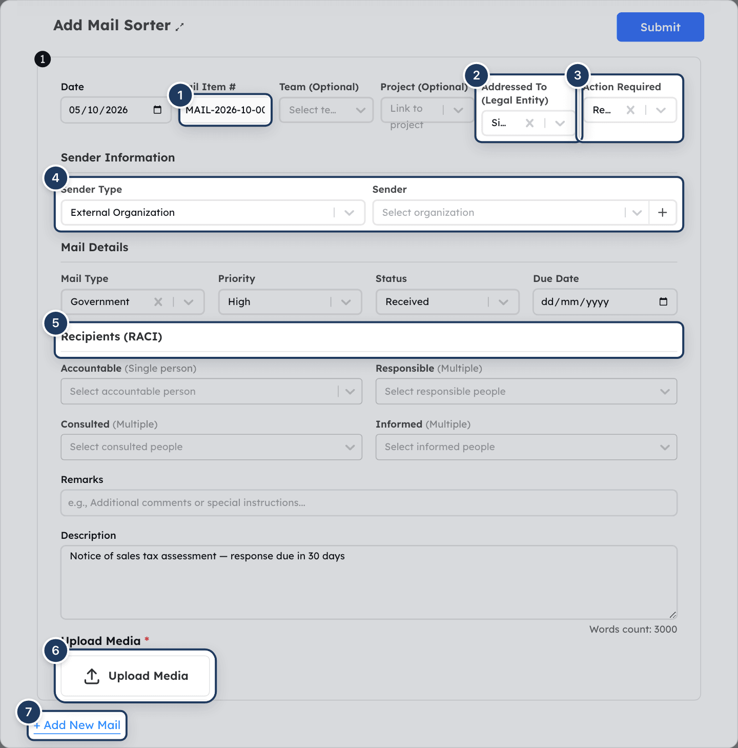 The Add Mail Sorter form with date, sender, type, RACI and attachments