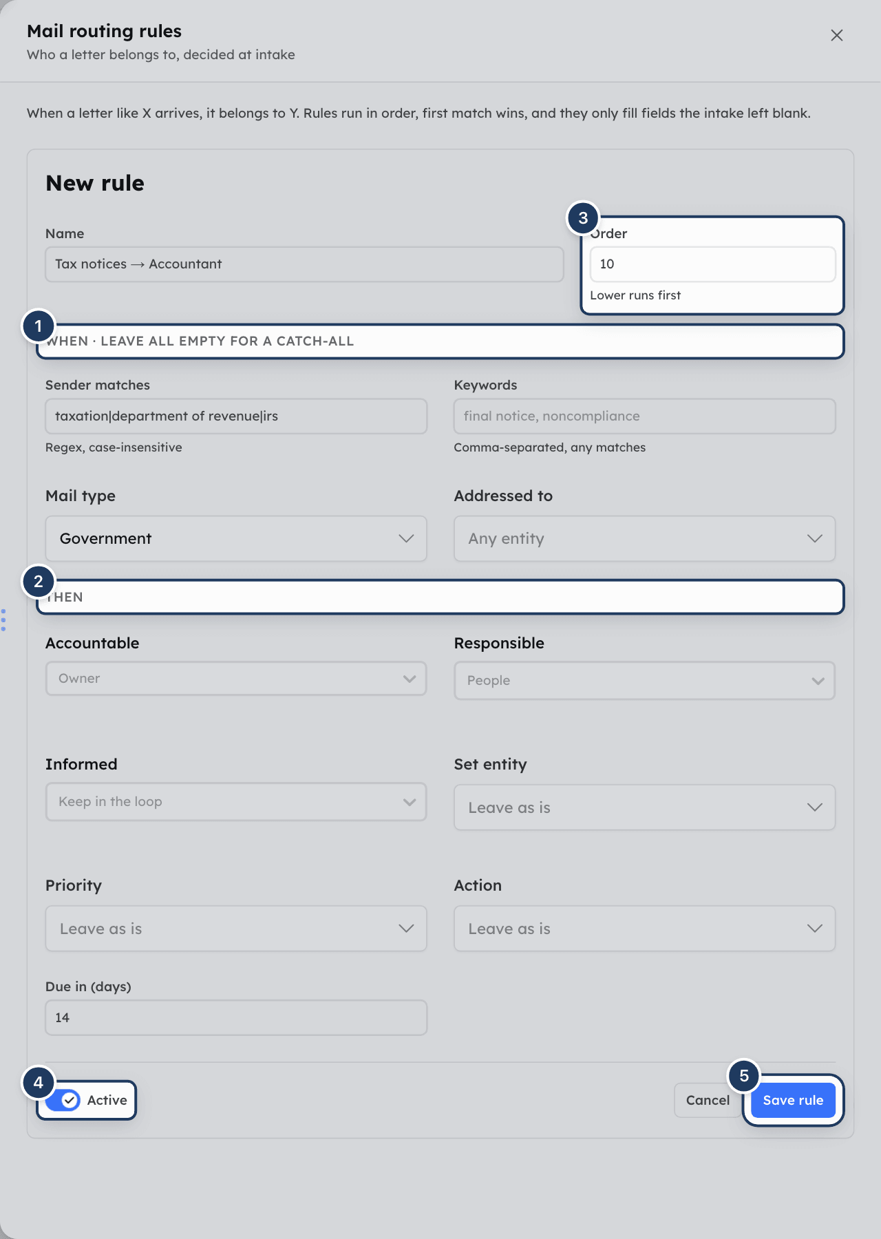 The Mail routing rules panel with a rule being edited