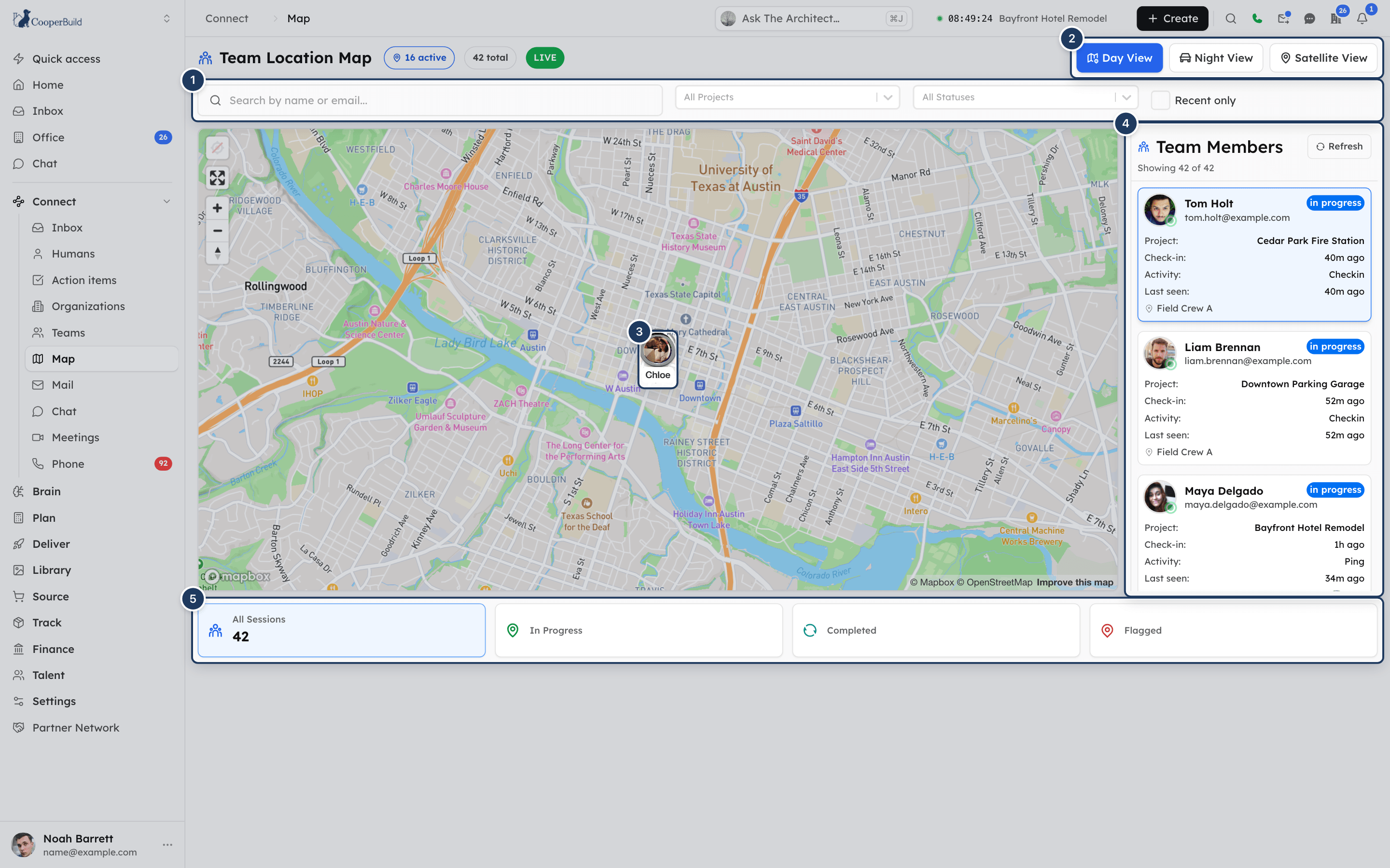 The Team Location Map with team member pins on the map and the Team Members list on the right