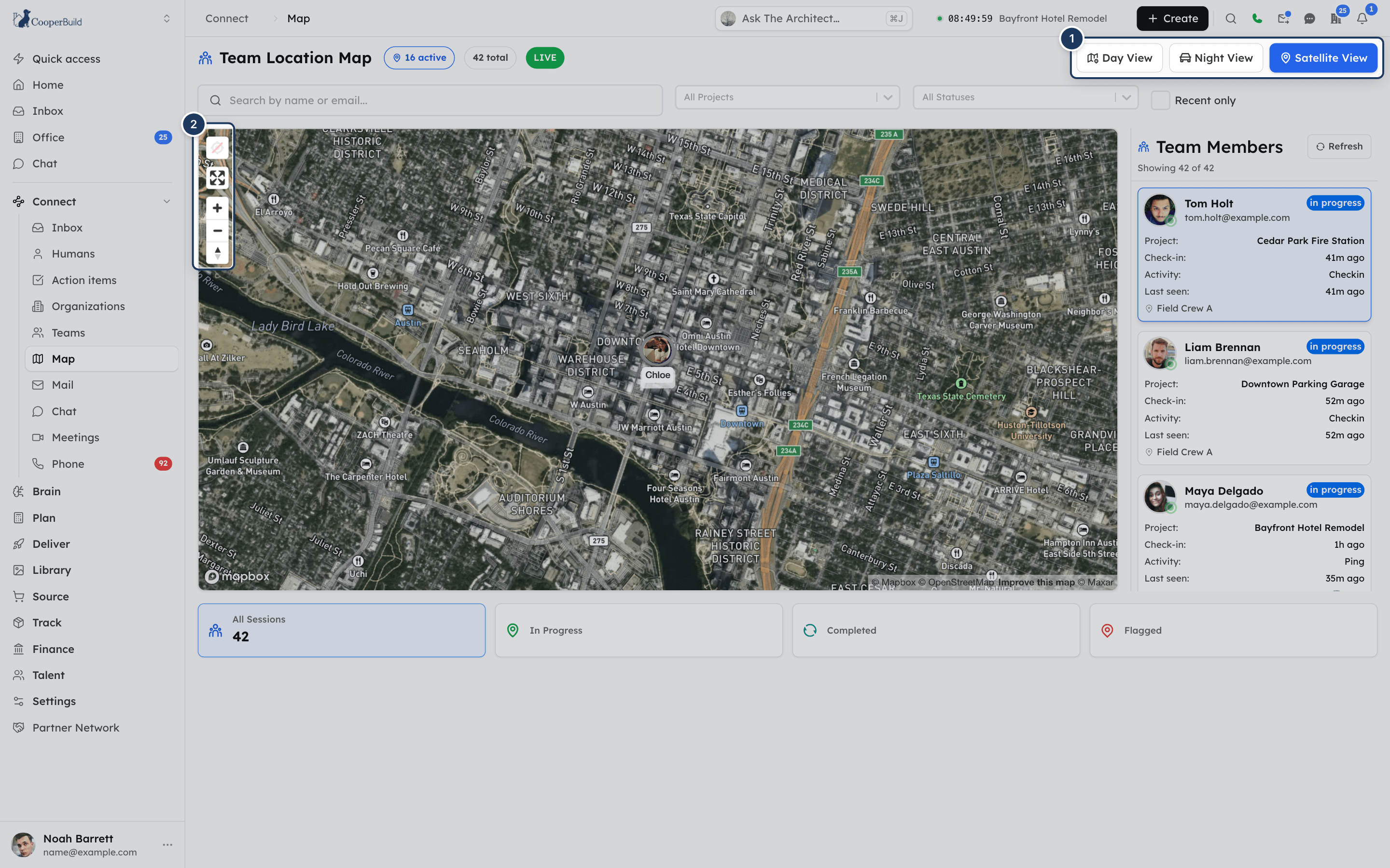 The Map in Satellite View with team member pins over aerial imagery of a job site