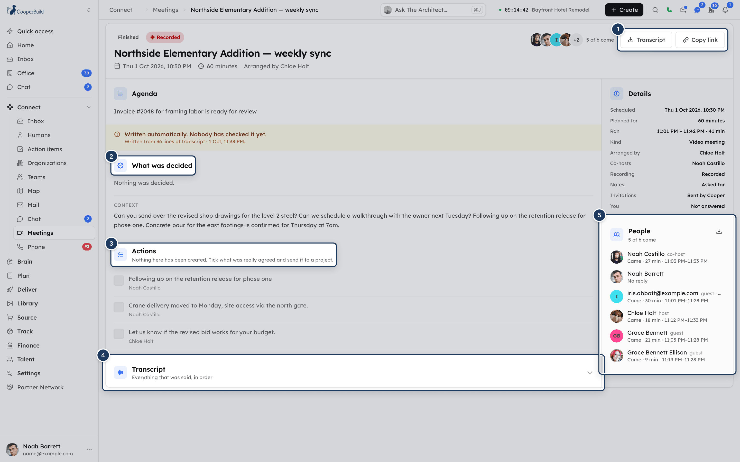 A past meeting's page with the write-up, actions and transcript