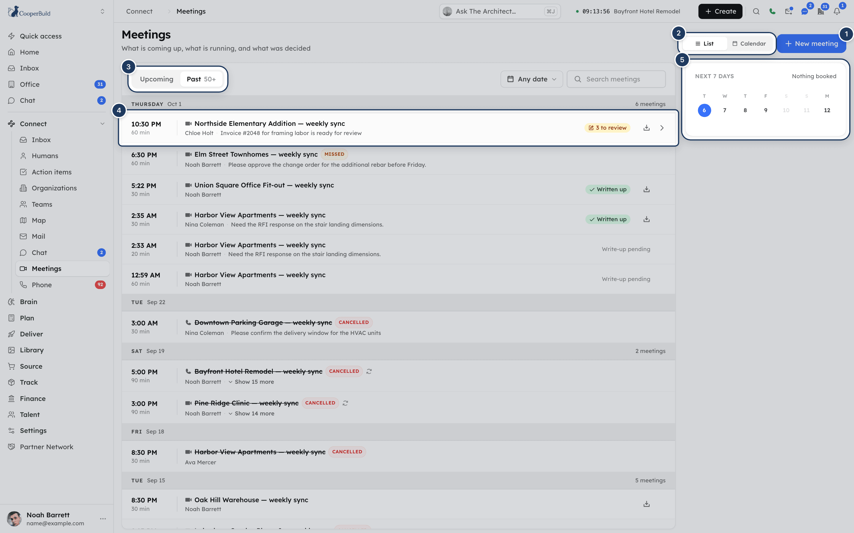 The Meetings page with the Past list on the left and the Next 7 days strip on the right