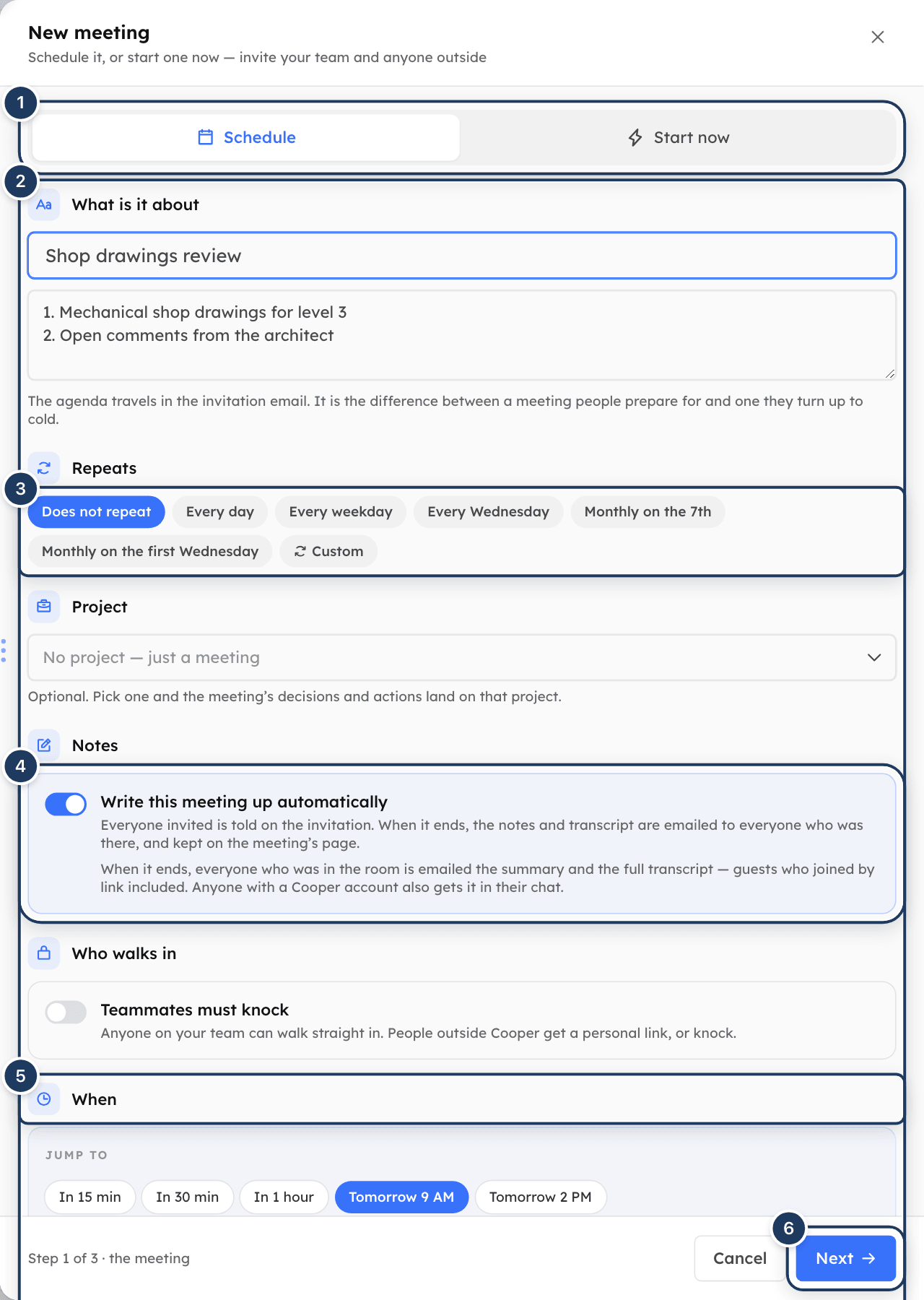 The New meeting panel on step 1 with Schedule selected