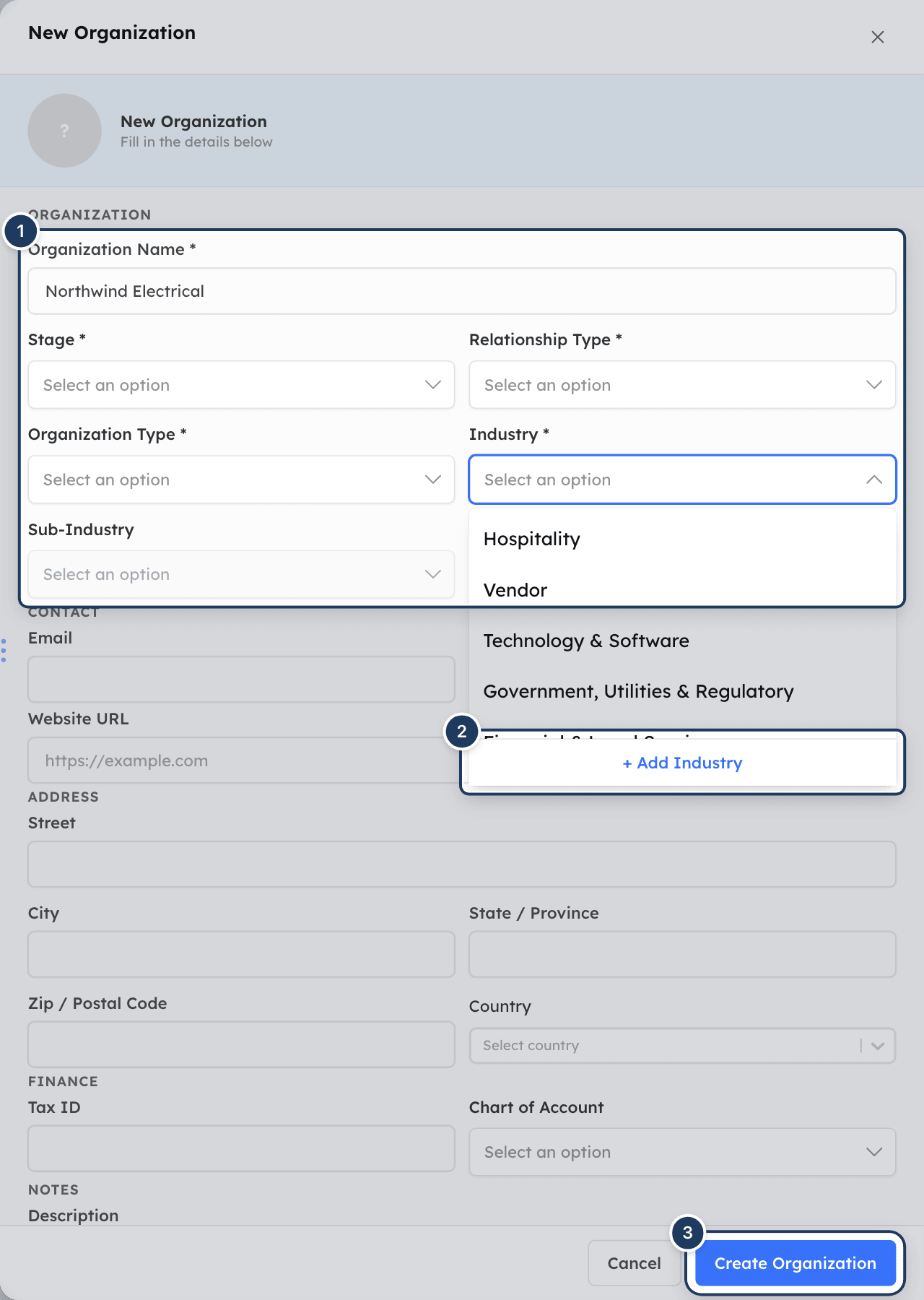 The New Organization panel with the Organization, Contact, Address, Finance and Notes sections