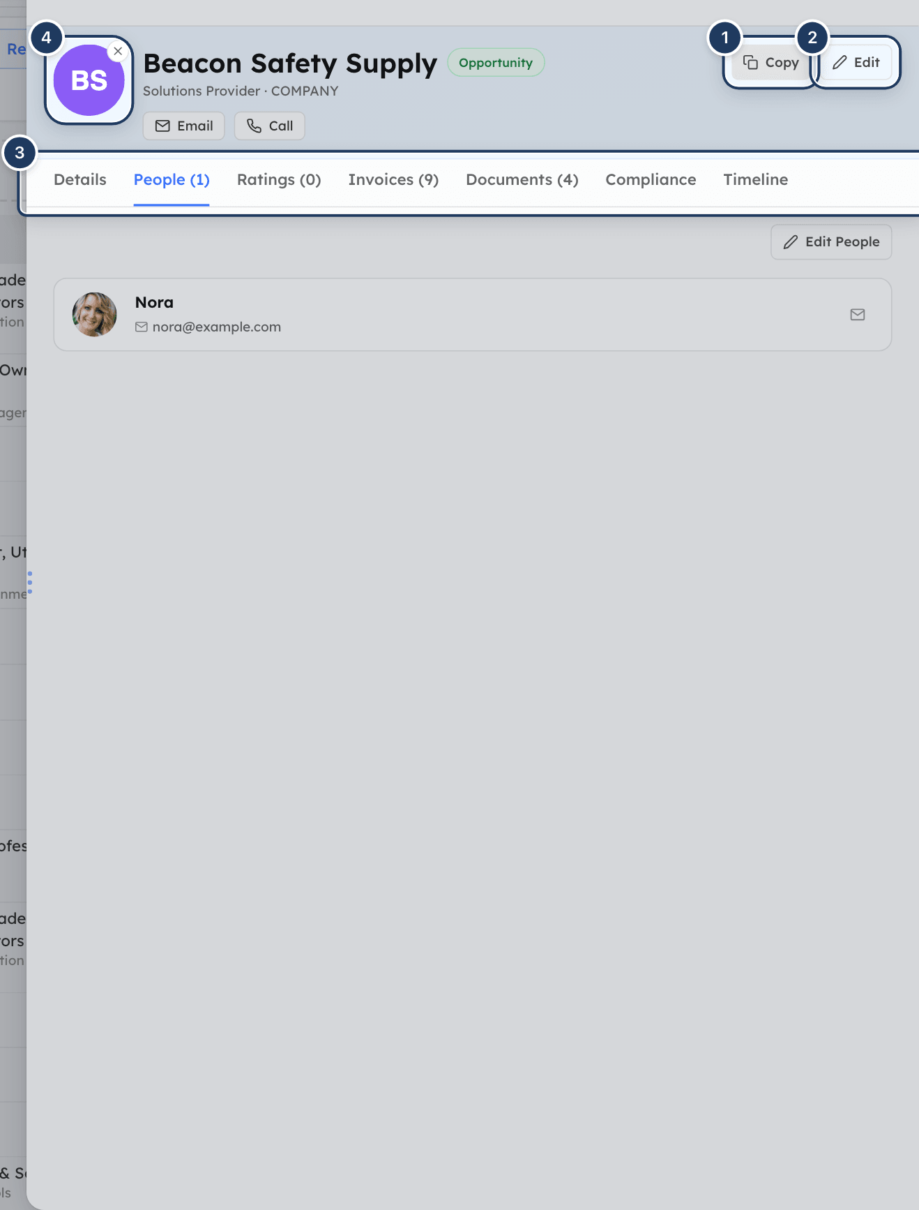 An organization's panel open on the Details tab, showing the header buttons and tab strip