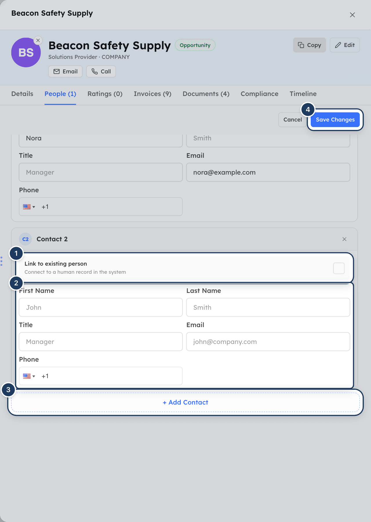 The People tab in edit mode with a new contact card and the Link to existing person option