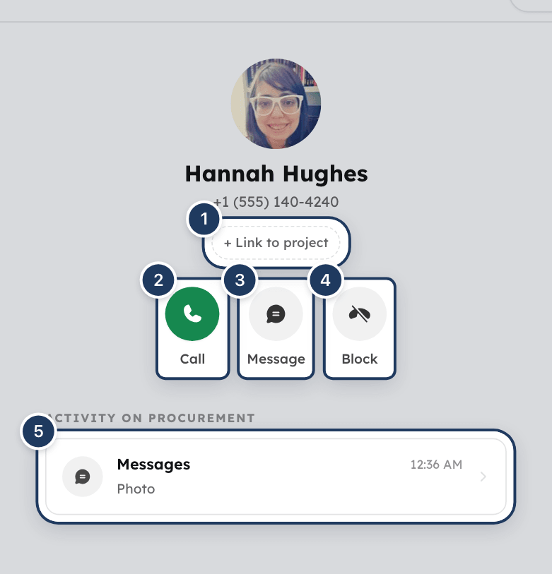 A contact card on the Contacts tab with Call, Message and Block buttons and the Activity list