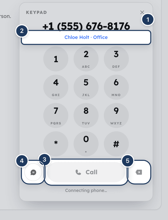 The floating keypad open over the Phone page with a number entered and the matching contact name shown