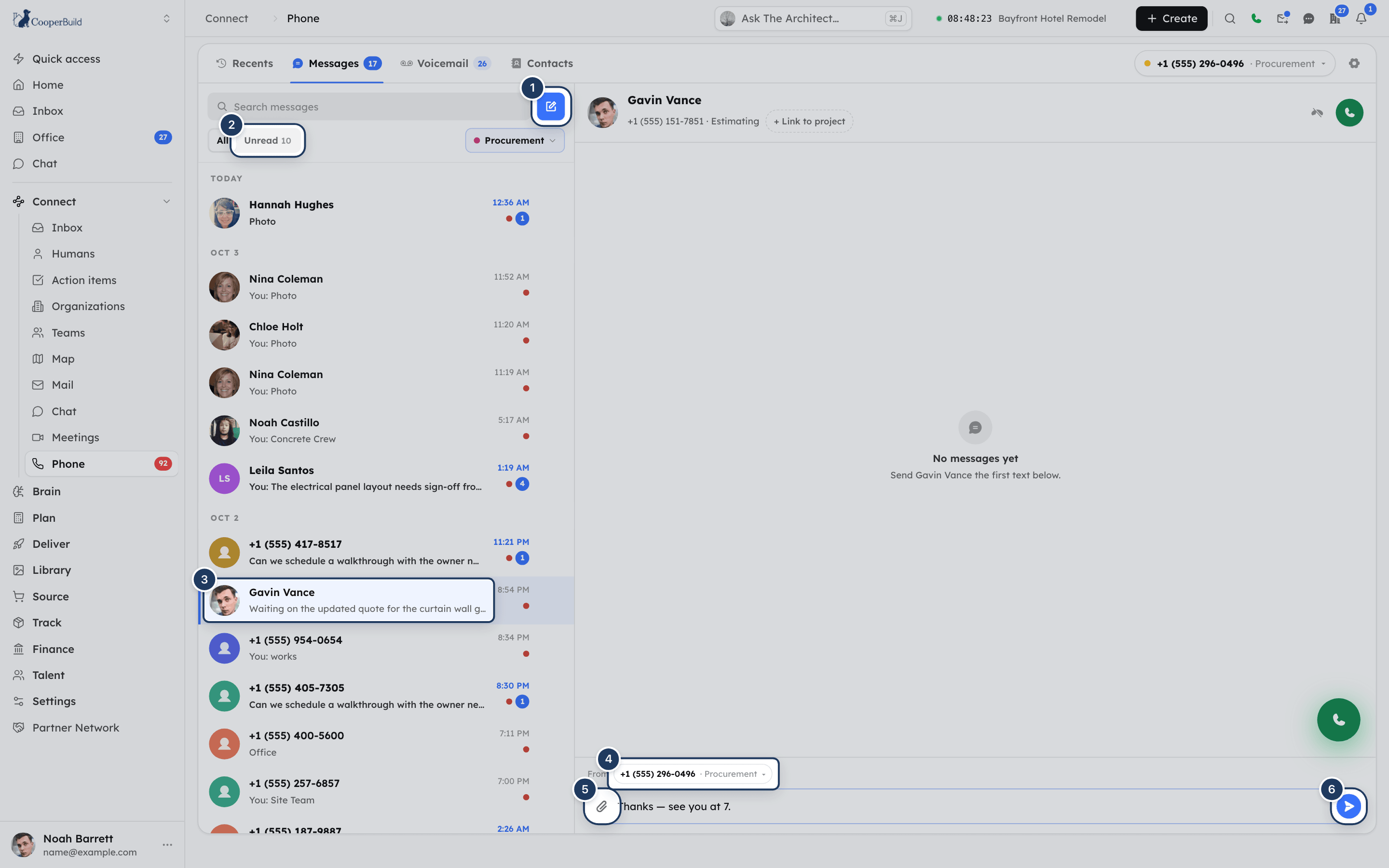 A text conversation on the Messages tab with message bubbles, delivery status and the composer