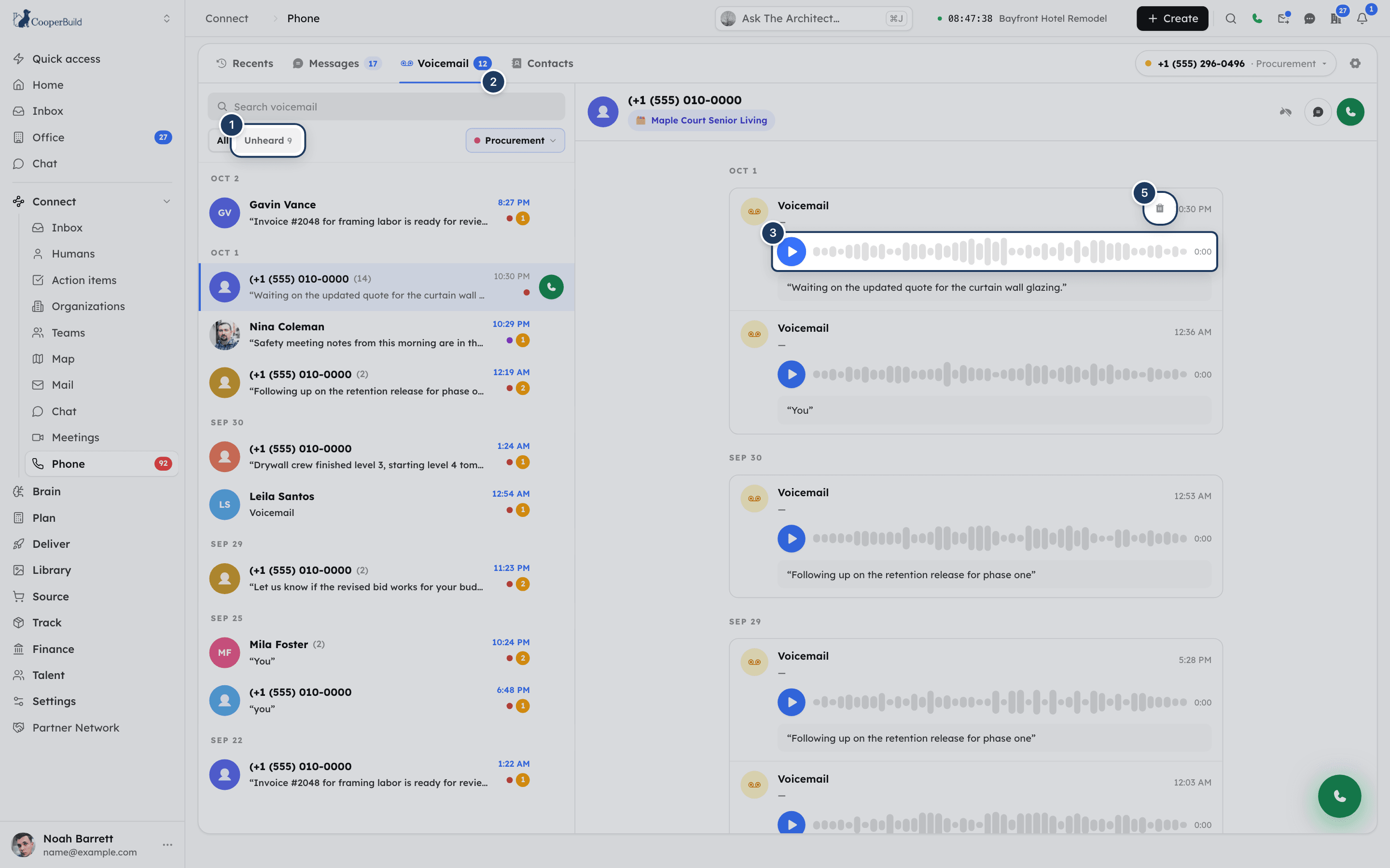 The Voicemail tab with a voicemail open showing the audio player and the transcript