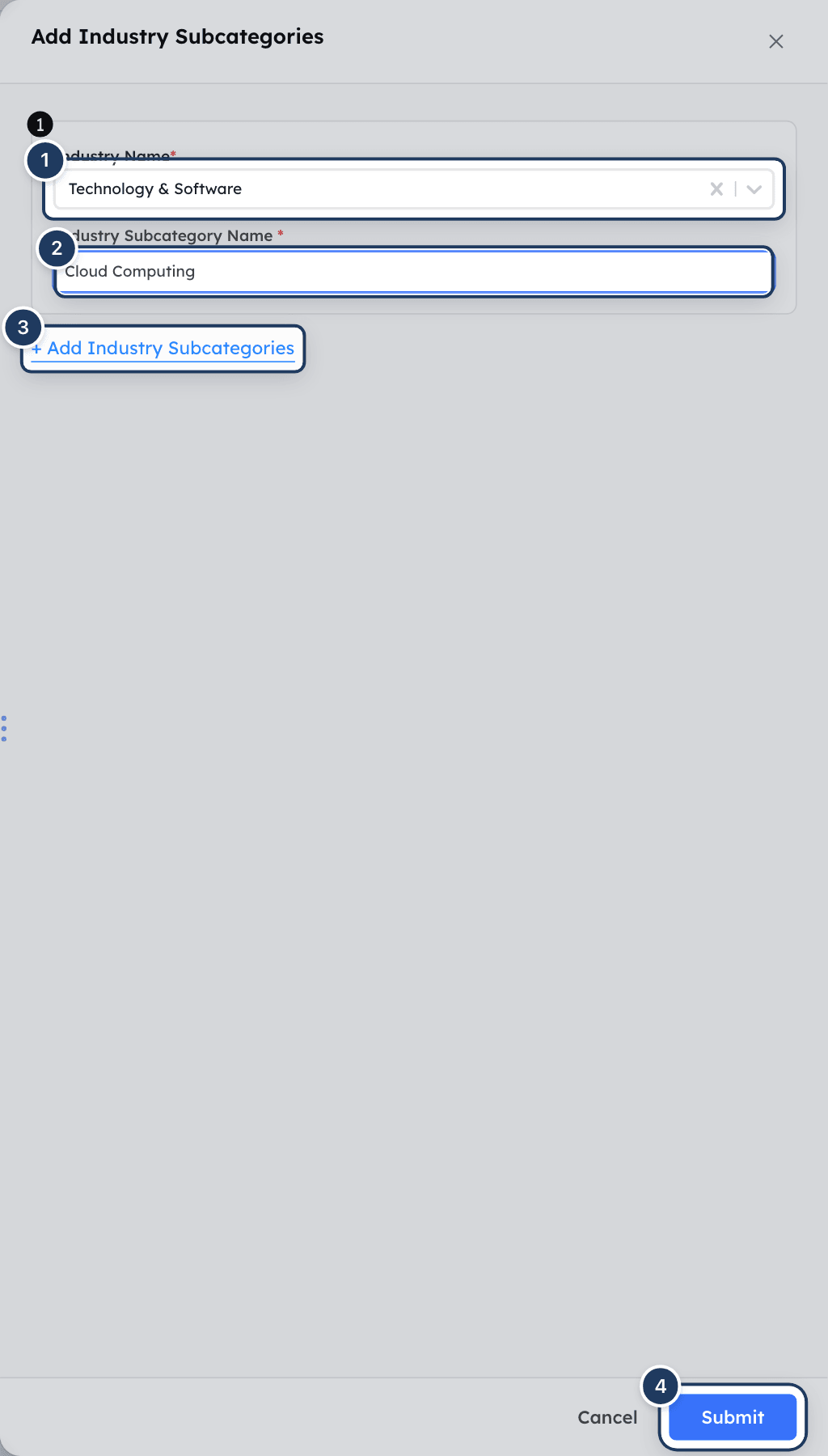 The Add Industry Subcategories panel with an industry selected and a subcategory name entered