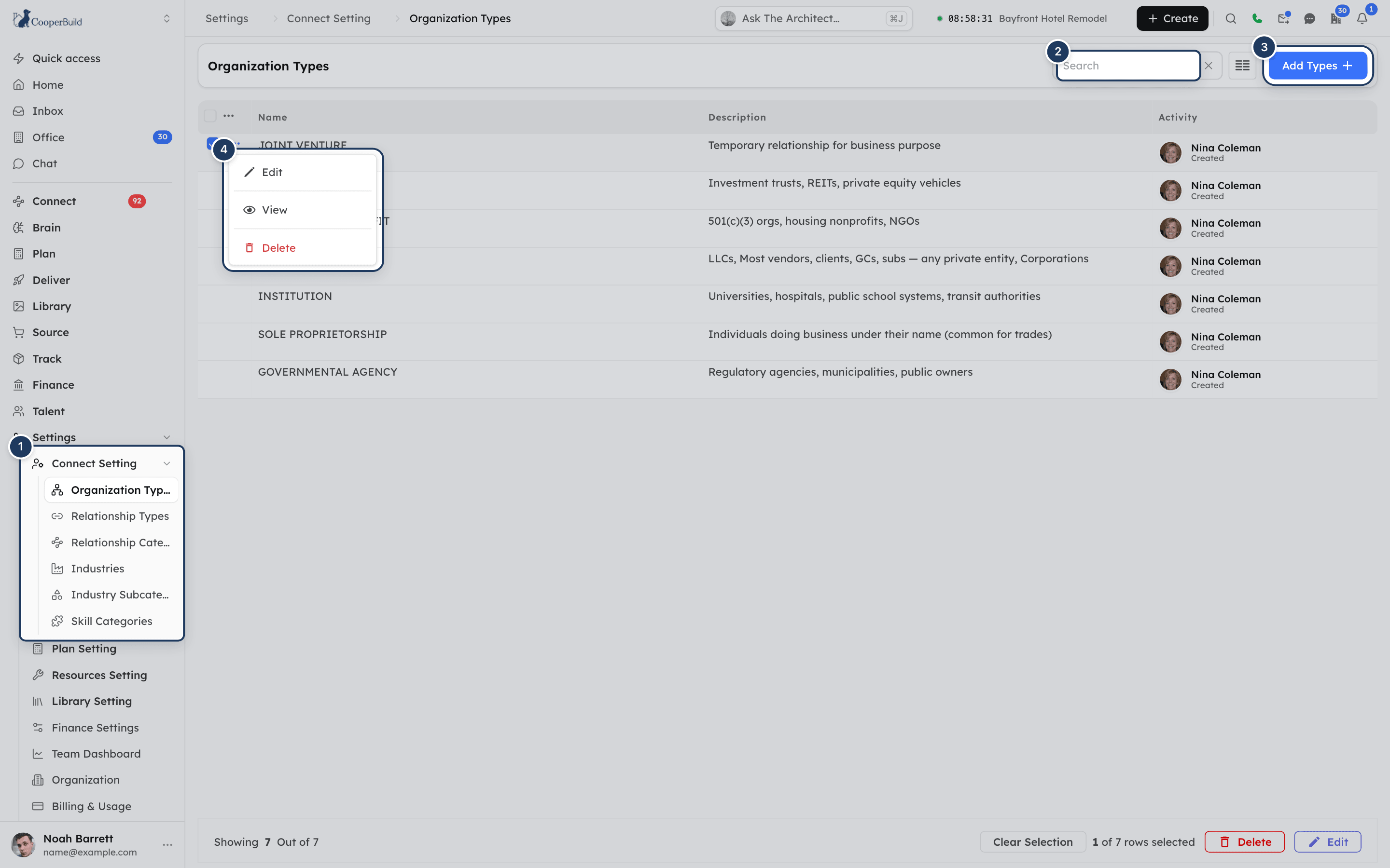 The Organization Types list with the Add Types button and the row menu open