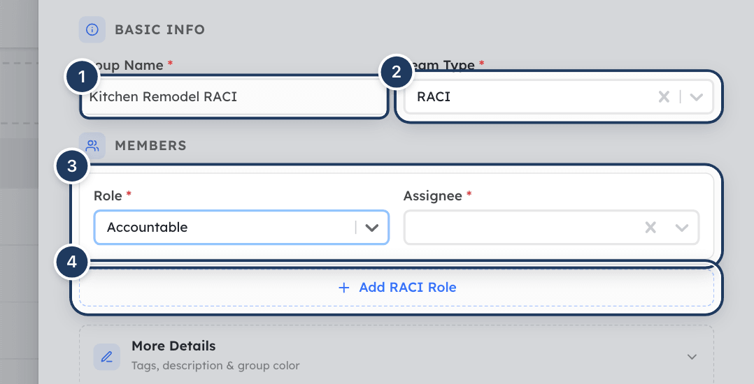 The Add Group panel with the RACI team type selected and RACI role rows