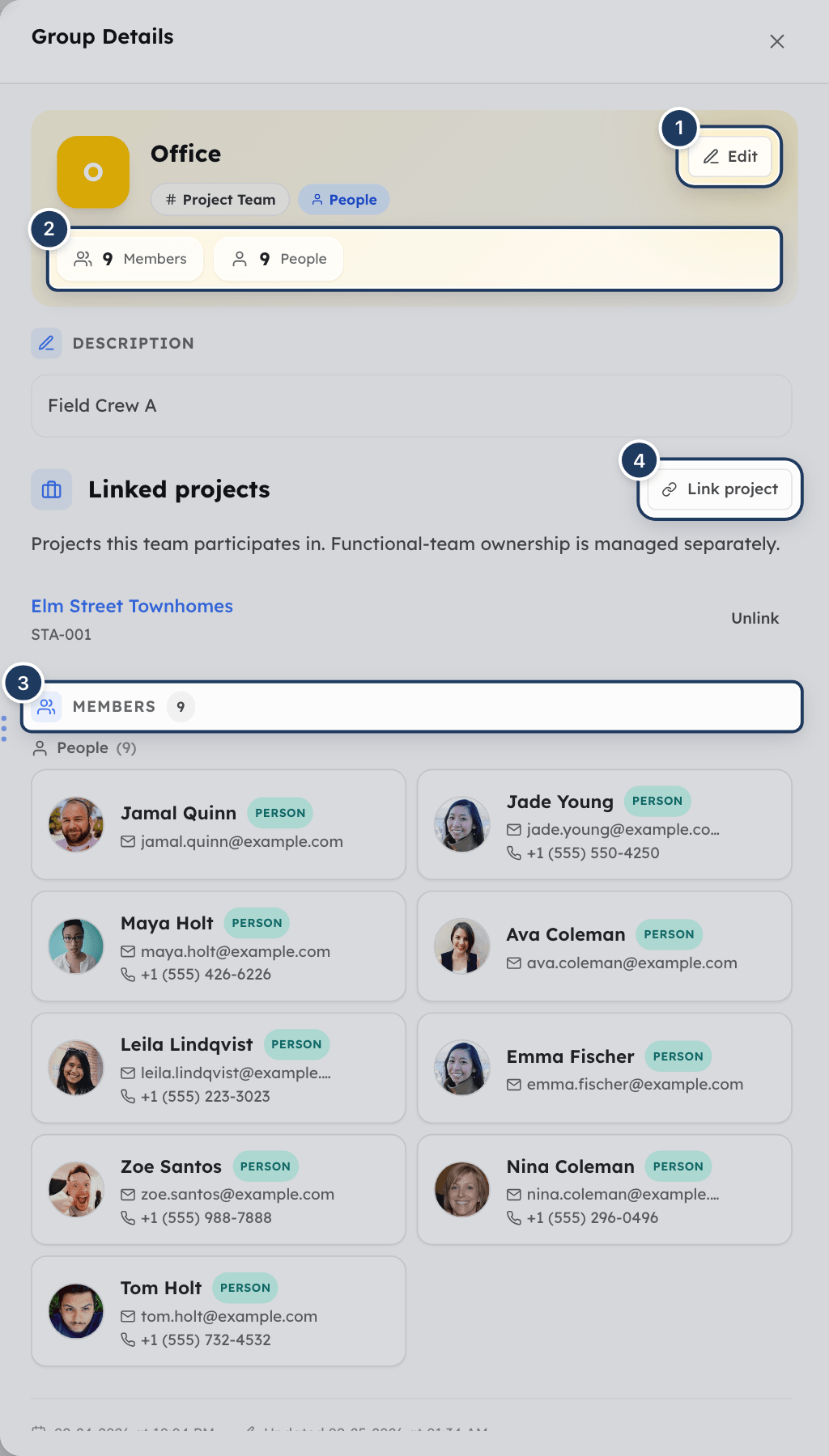 The Group Details panel showing the header, counts, members and Linked projects section