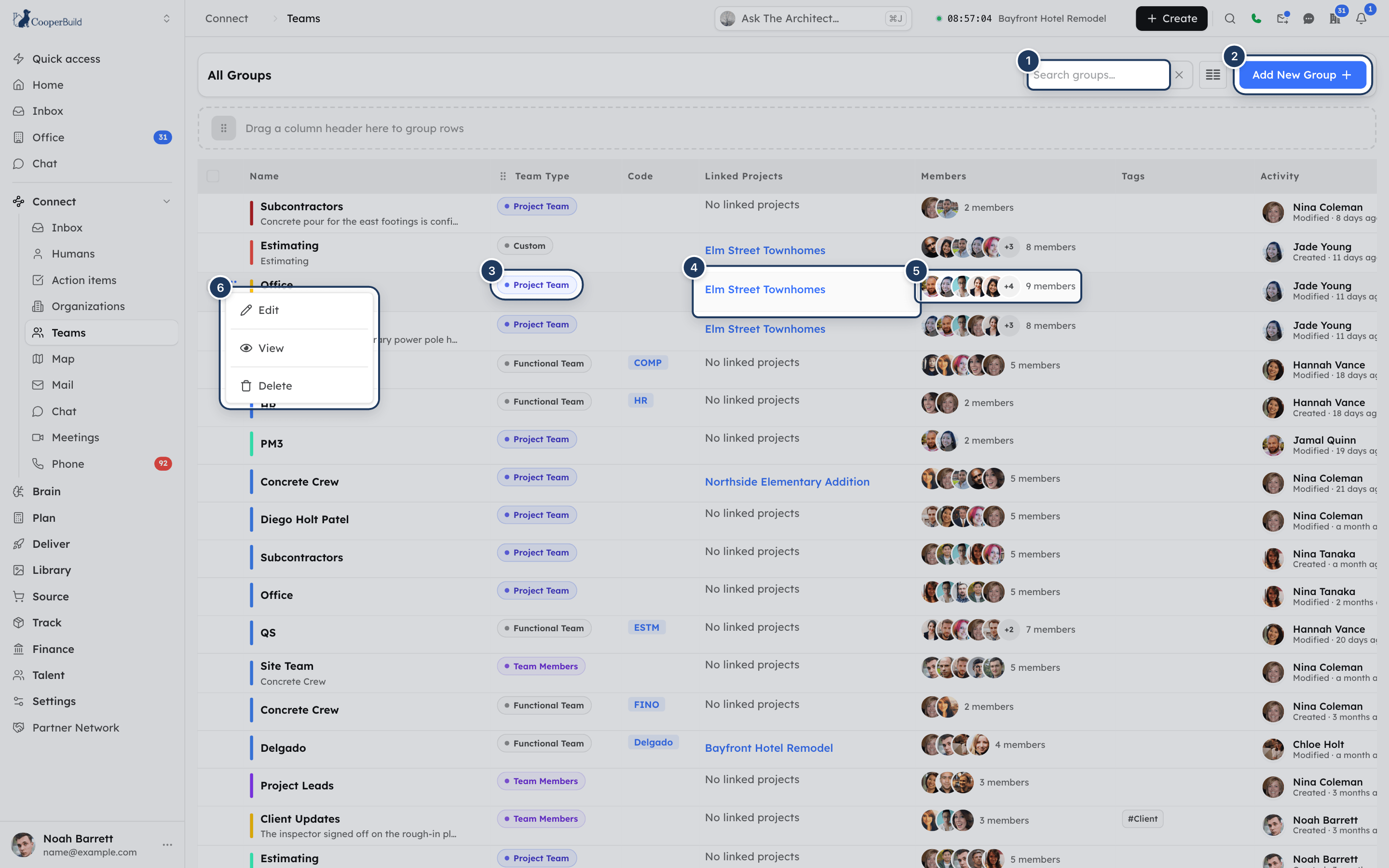 The All Groups list showing team type pills, linked projects, member avatars and tags